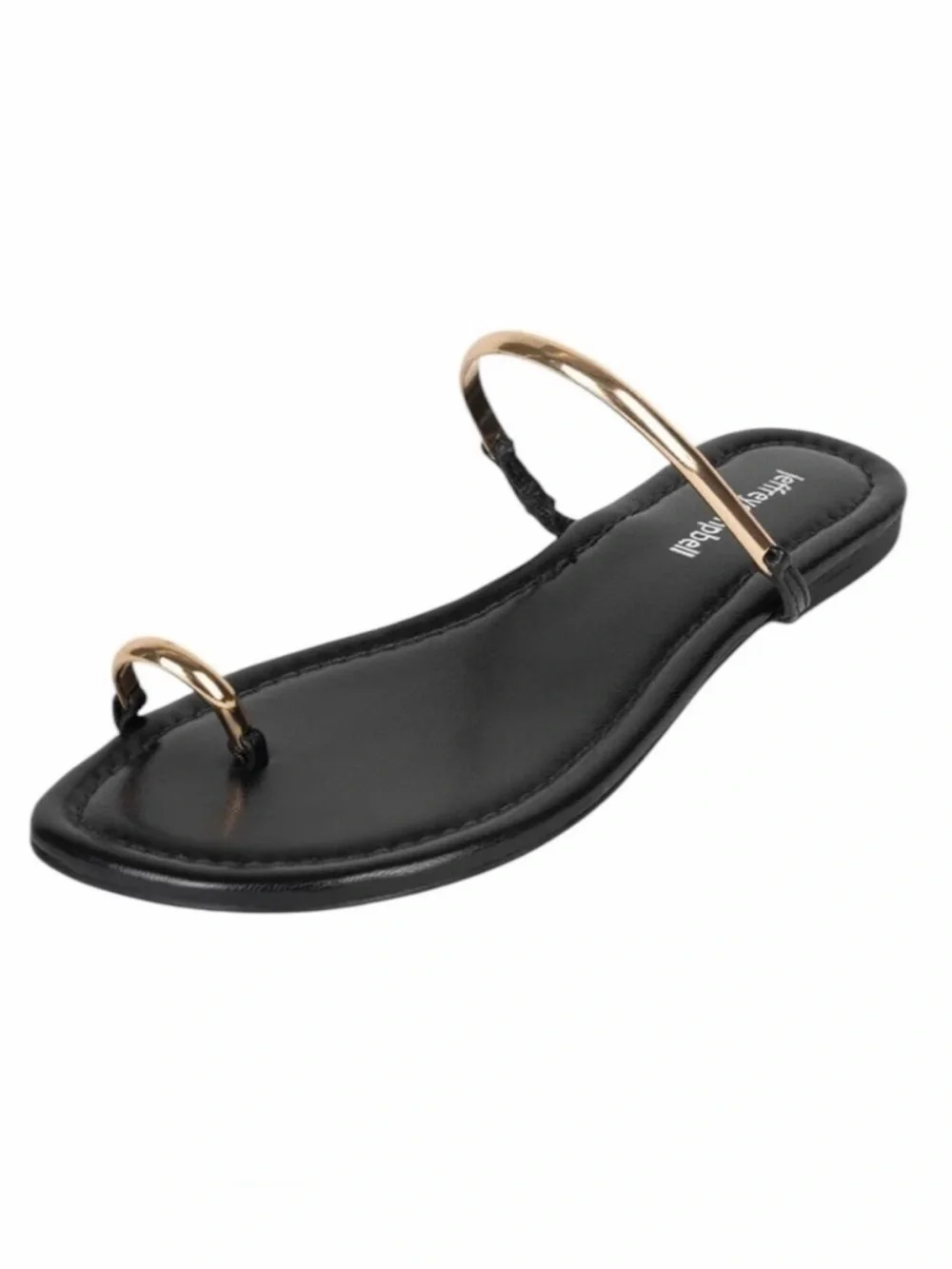 Jeffrey Campbell Black Leather Gold Toe Ring Flat Sandals Linques Size 6 / 37